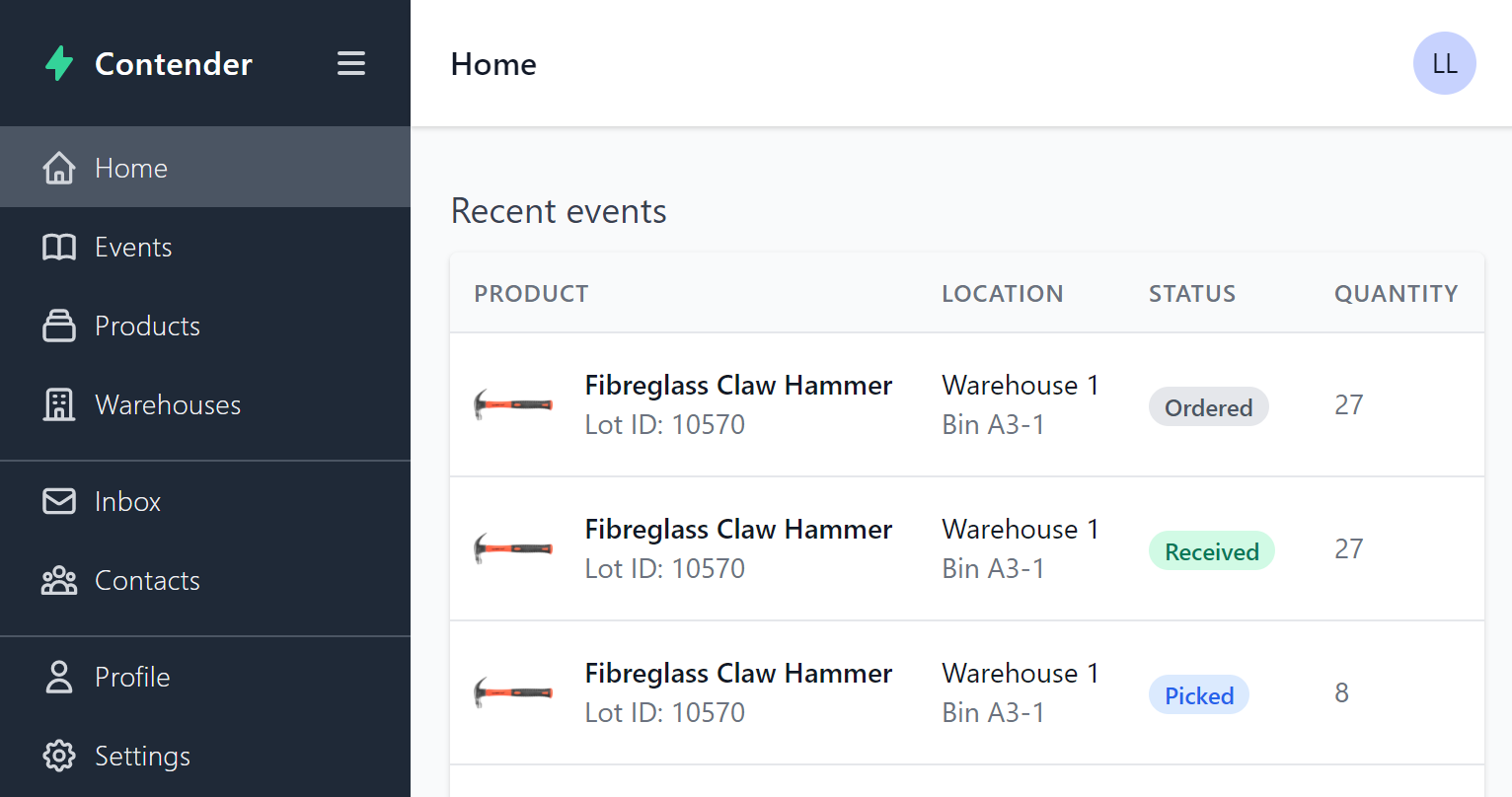 An in-app screenshot of Contender, an inventory management platform